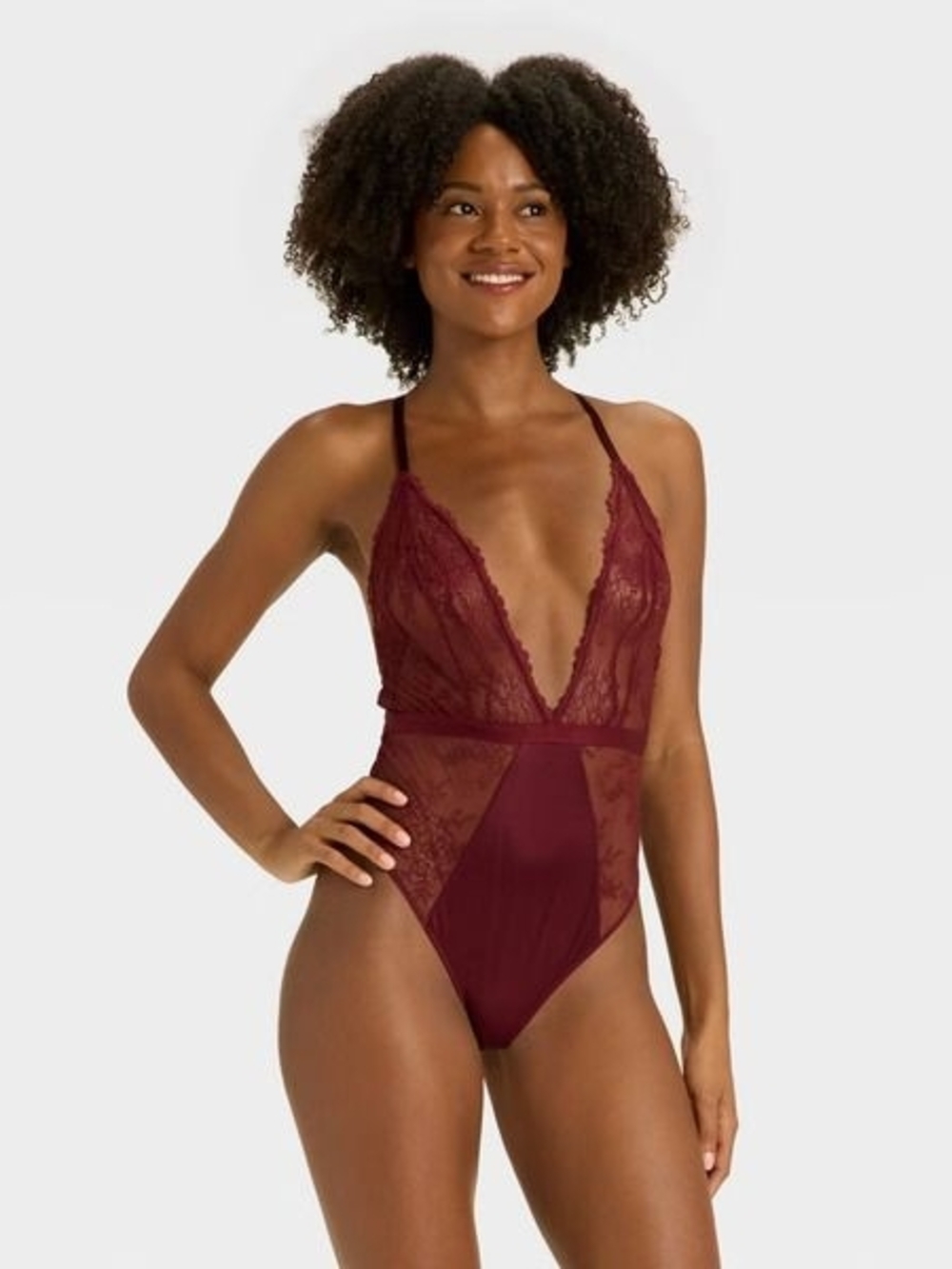 Auden Strappy Lace Unlined Lingerie Bodysuit, Small - Berry Red